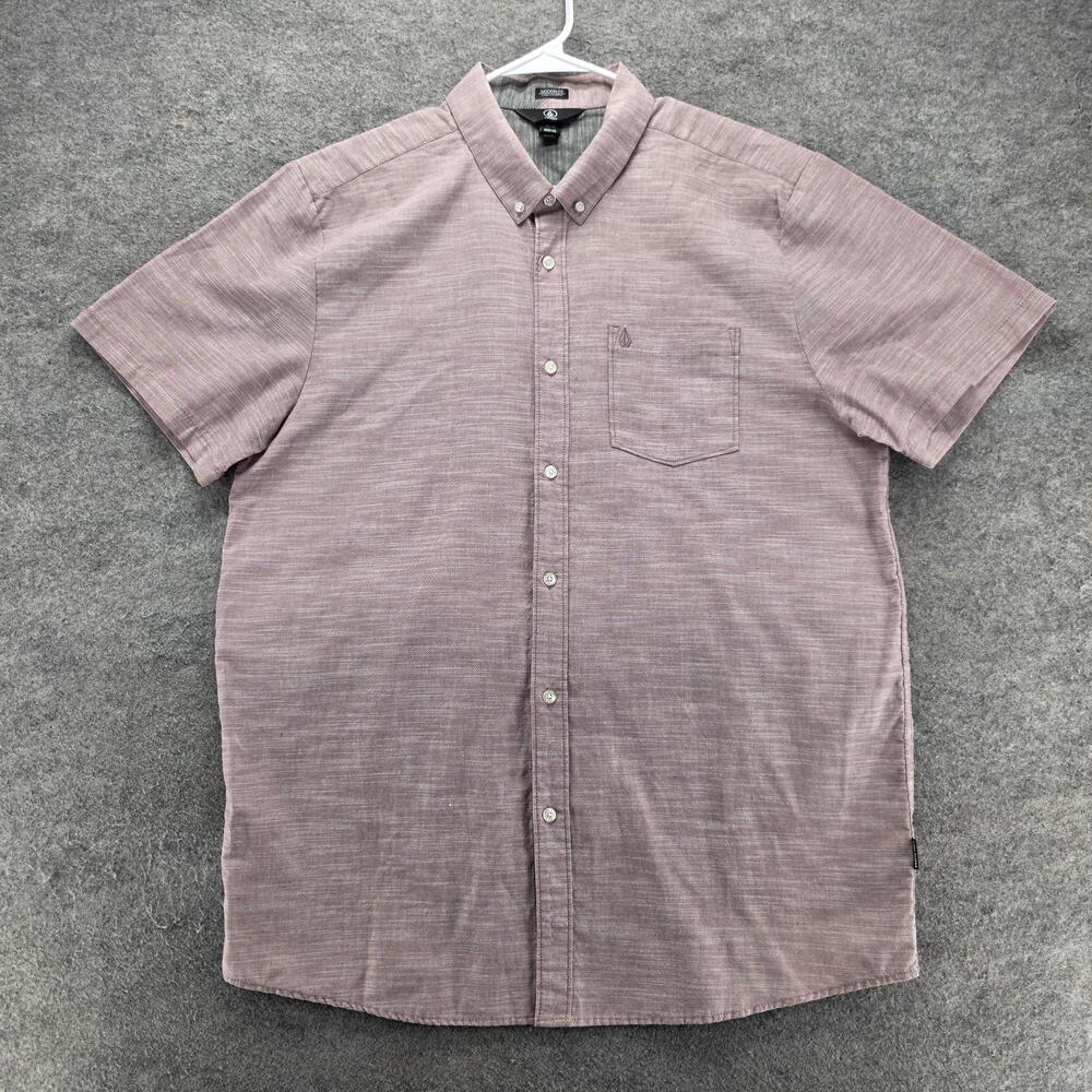 Volcom Shirt Mens 2XL Pink Solid Short Sleeve Button Up Modern Fit Cotton Blend